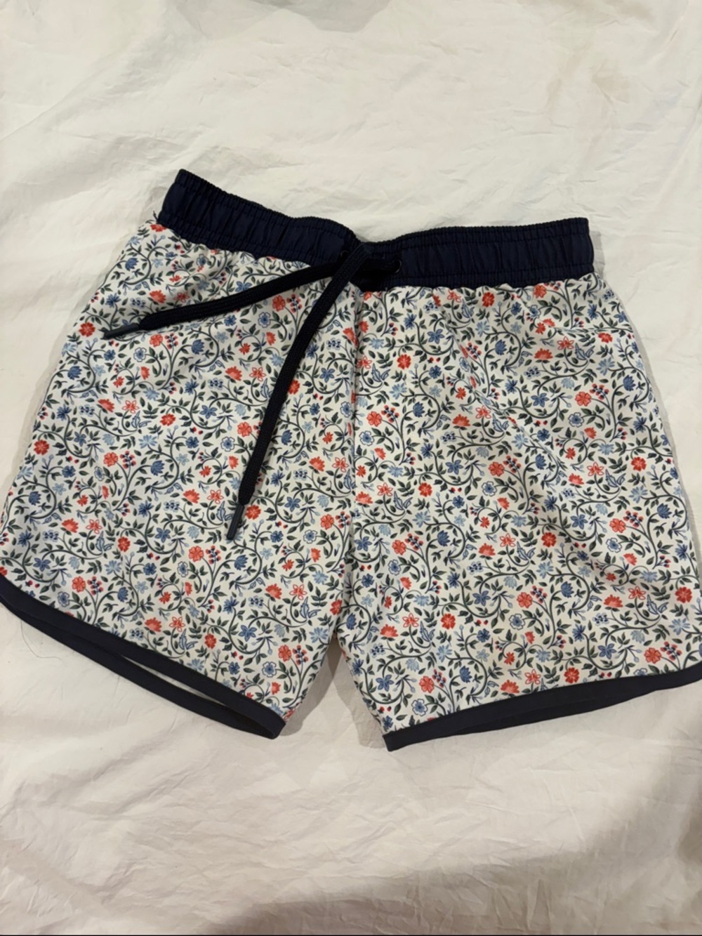 Minnow Boys Floral Swim Trunks with Navy Trim - White/Navy/Red